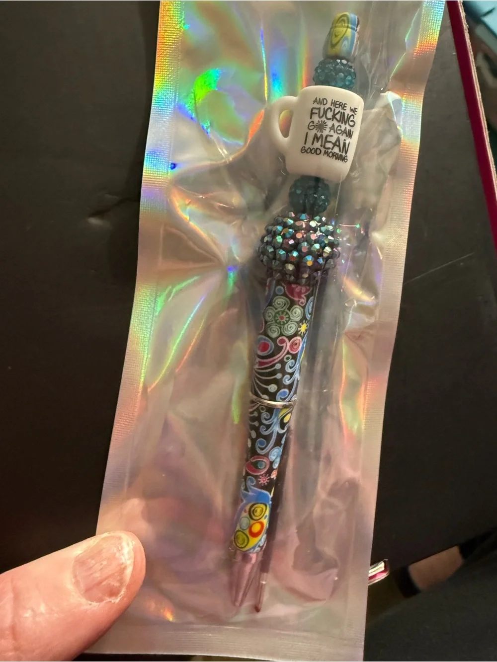 Handmade Colorful Swirl Pattern Beaded Pen with “Good Morning” Mug Topper